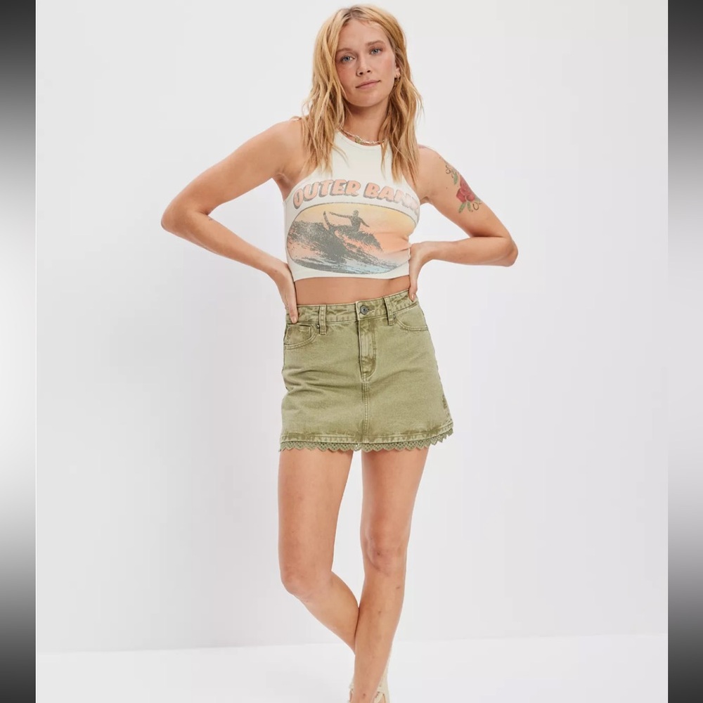 American Eagle Super High-Waisted Lace Denim Mini Skirt